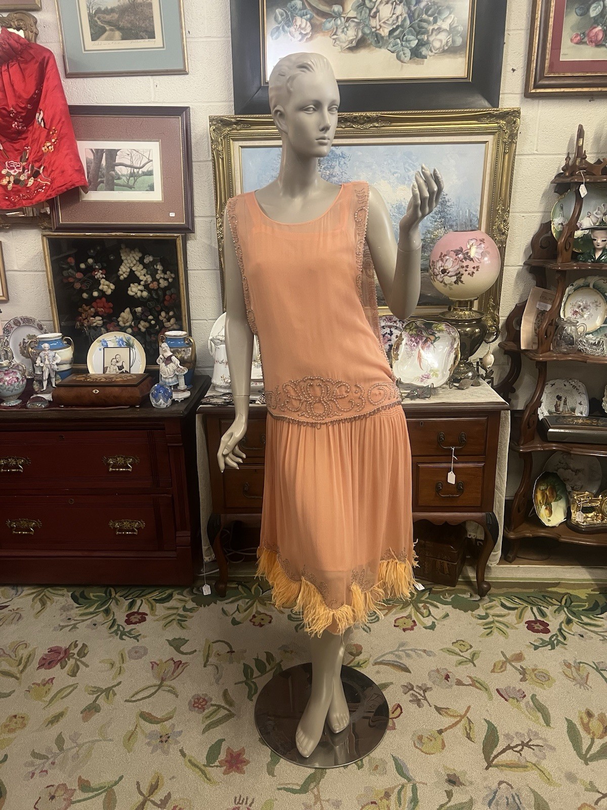 1920’s Apricot Silk Beaded Feathered Evening Gown Dress 1920’s Apricot Silk Beaded Feathered Evening Gown Dress