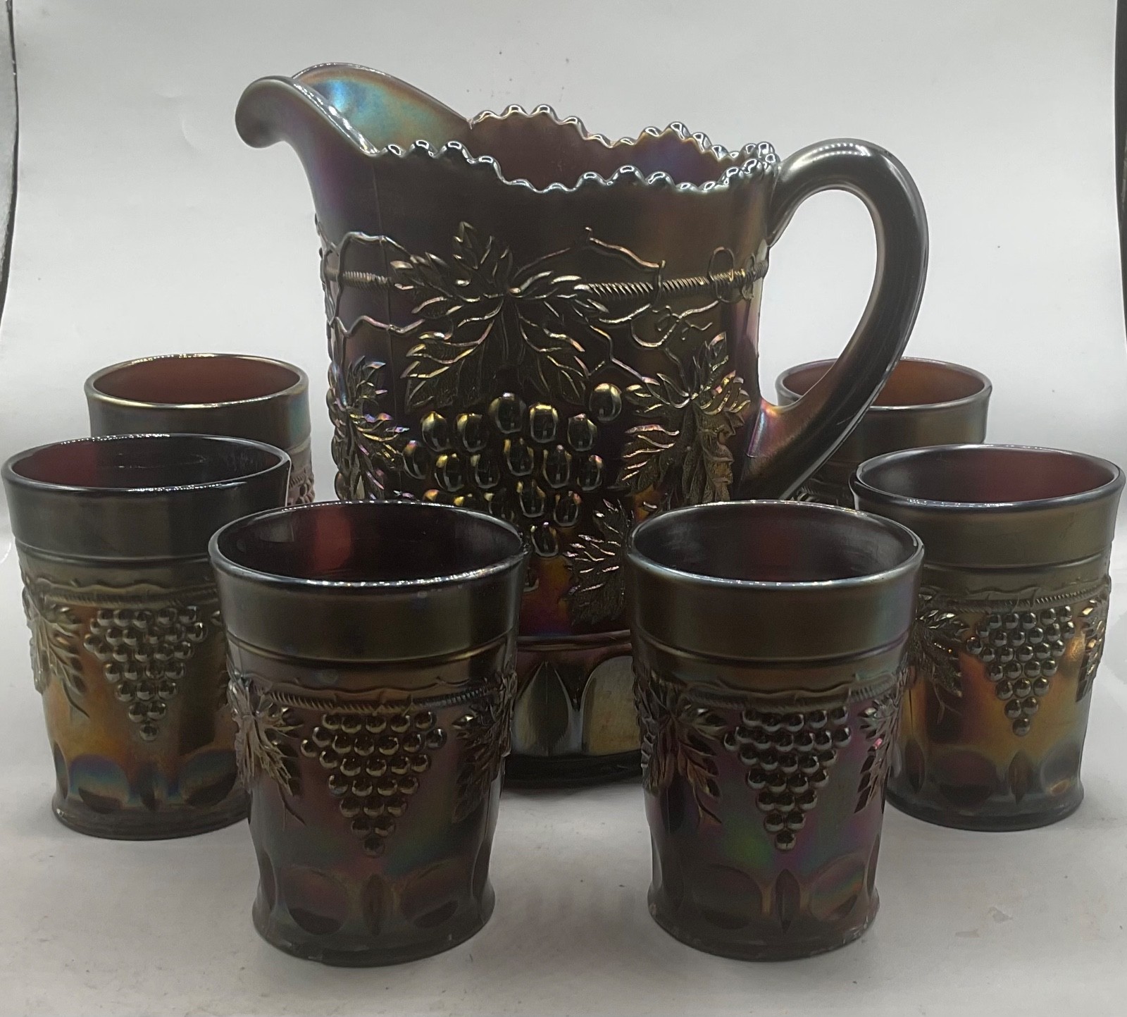 SUPER NICE VINTAGE CARNIVAL SIGNED NORTHWOOD GRAPE & CABLE 7 PEICE WATER SET