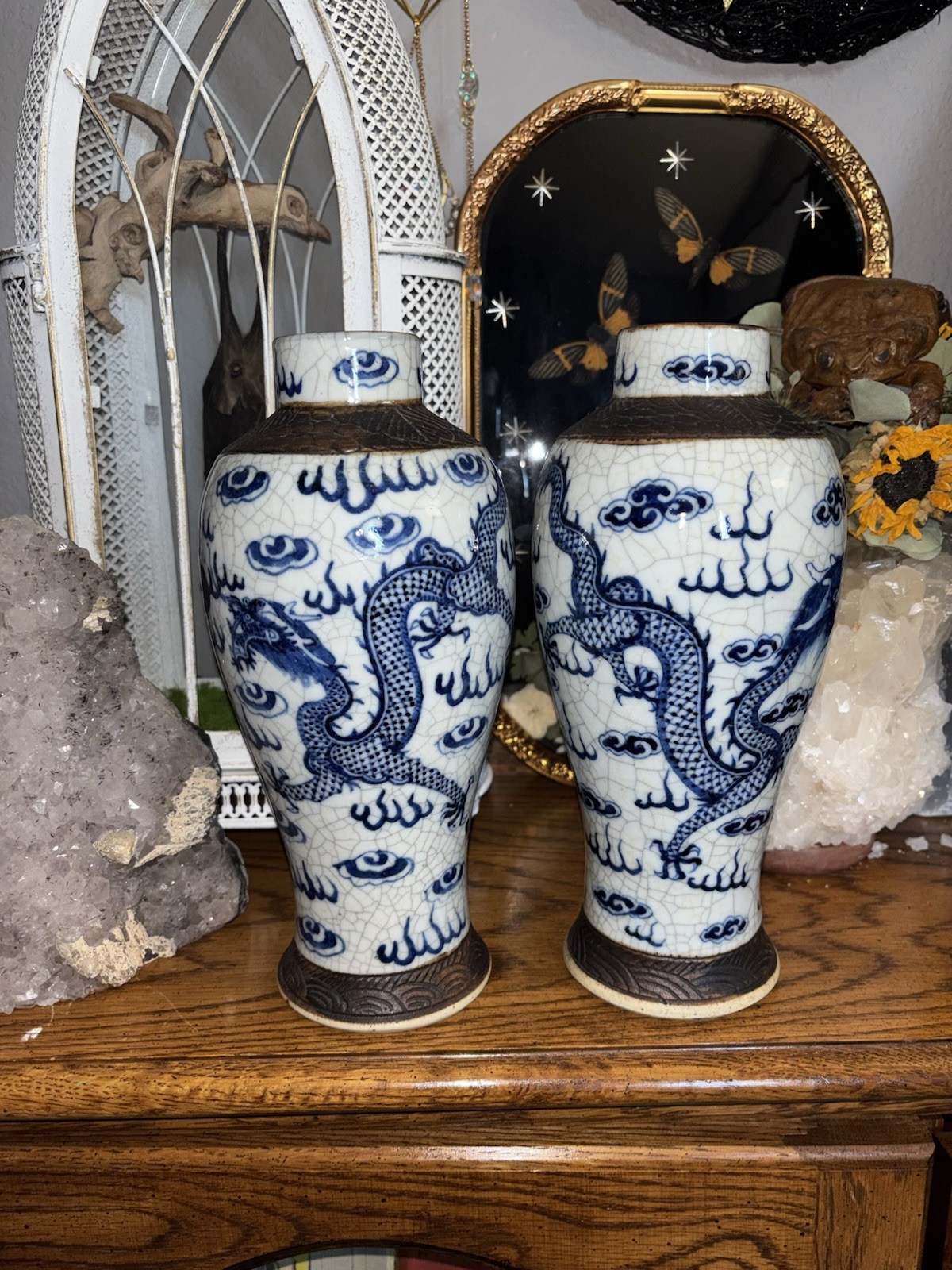 Pair of 10 Inch 19th Century Chinese Dragon Crackle Glaze Porcelain Vase Marked Pair of 10 Inch 19th Century Chinese Dragon Crackle Glaze Porcelain Vase Marked