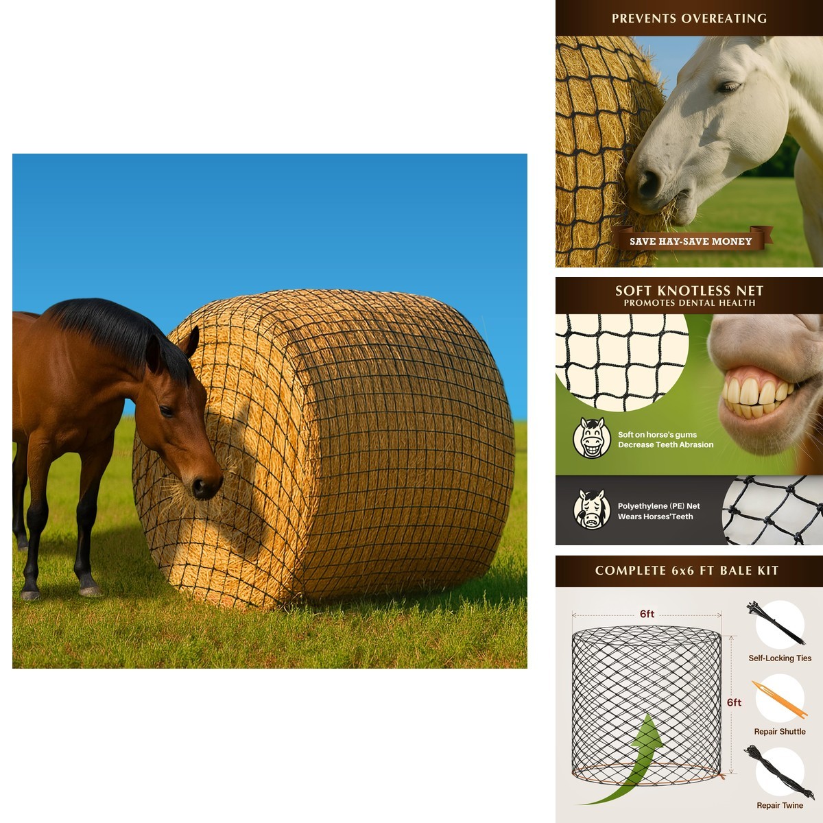 NETYSAY 6x6 Ft Round Bale Hay Net for Horses - Knotless Slow Feeder 2 inch Holes