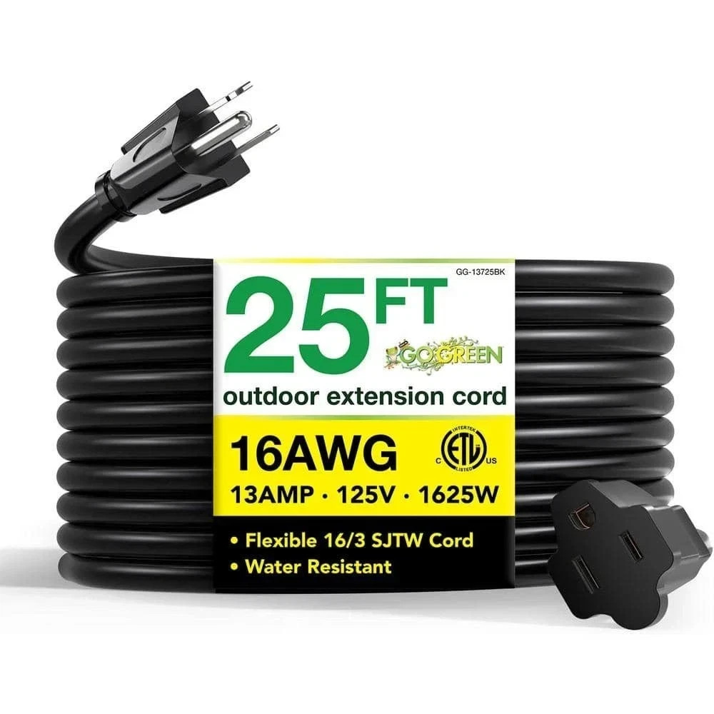 25 Ft Heavy Duty Extension Cord 16 Gauge 16/3 Outdoor Power Cord Black 25 Ft Heavy Duty Extension Cord 16 Gauge 16/3 Outdoor Power Cord Black