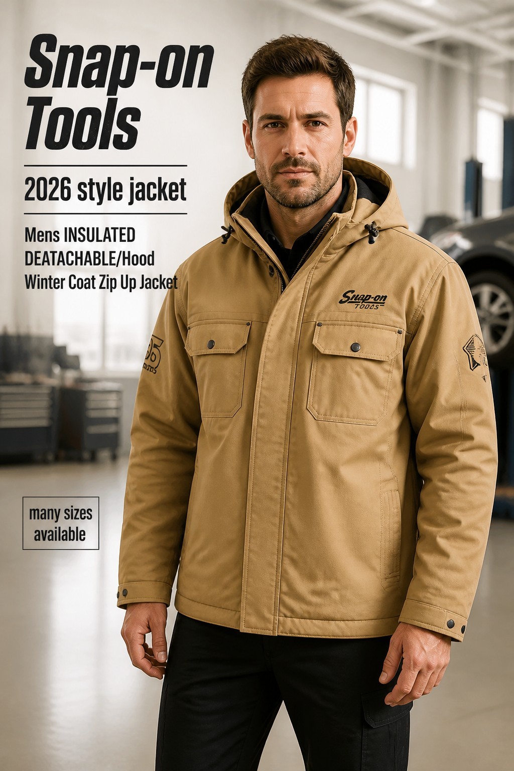 2026 Snap On Tools Mens INSULATED DEATACHABLE/Hood Winter Coat Zip Up Jacket NEW