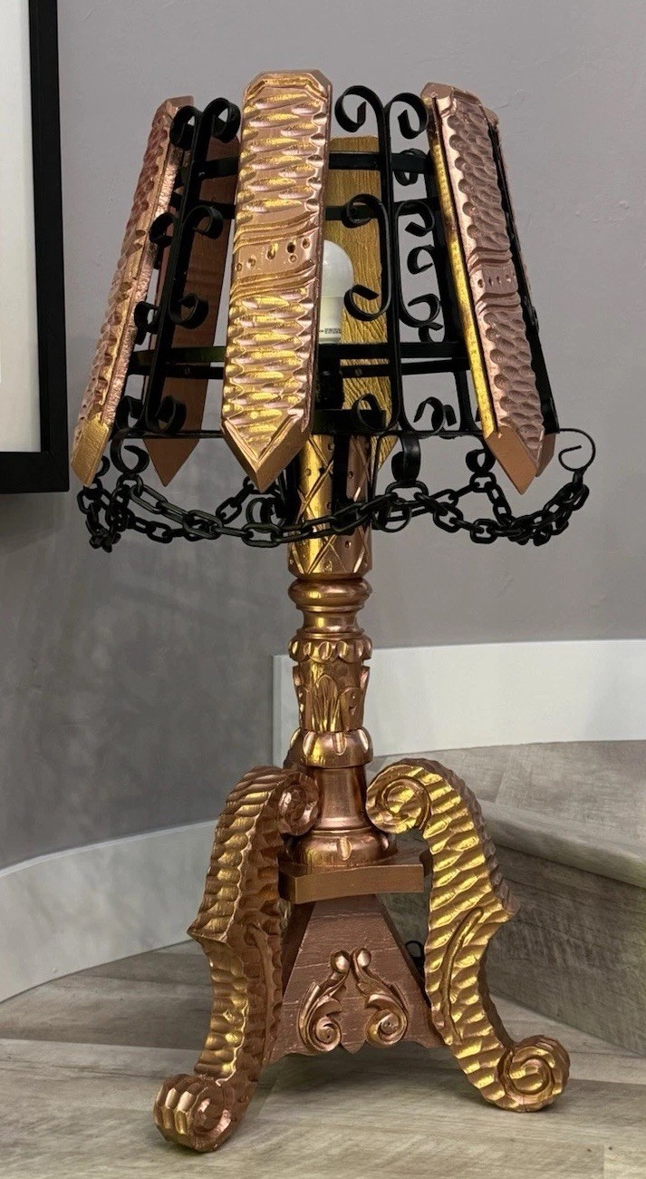 Vintage Brutalist Tramp Art Medieval Carved 33” Table Lamp Ebonized Wood MCM