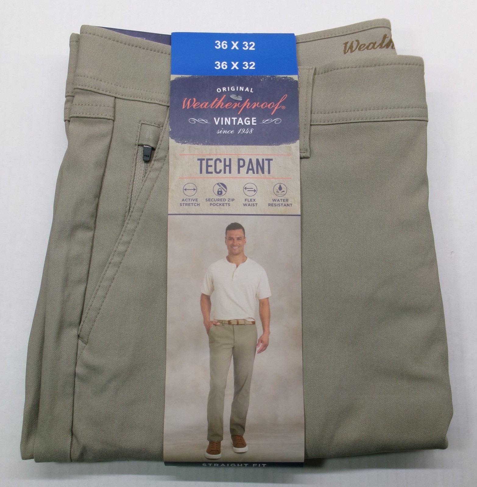 Weatherproof Vintage Tech Pant Straight Fit Active Stretch Zip pockets 36X32 Tan Weatherproof Vintage Tech Pant Straight Fit Active Stretch Zip pockets 36X32 Tan
