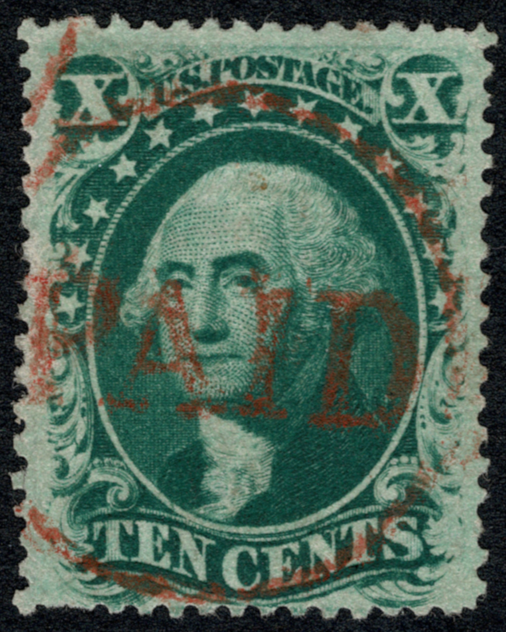 GEM 1859, 10¢ Green, 35, Red PAID cancel, 2004 APS Cert. (UR Perf tear)