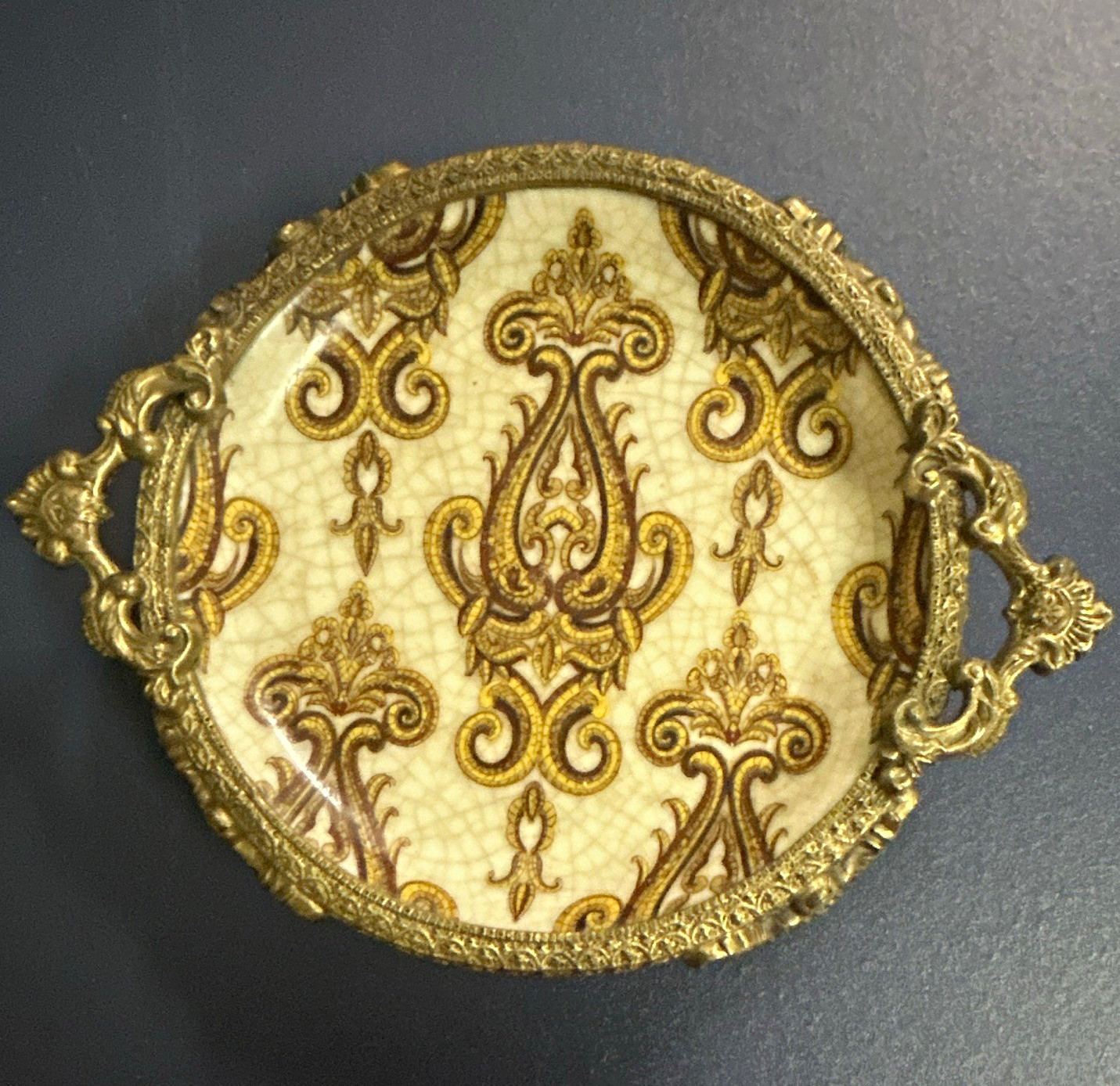 Vintage Hand-Painted Amita Porcelain / ornate brass detail trinket dish