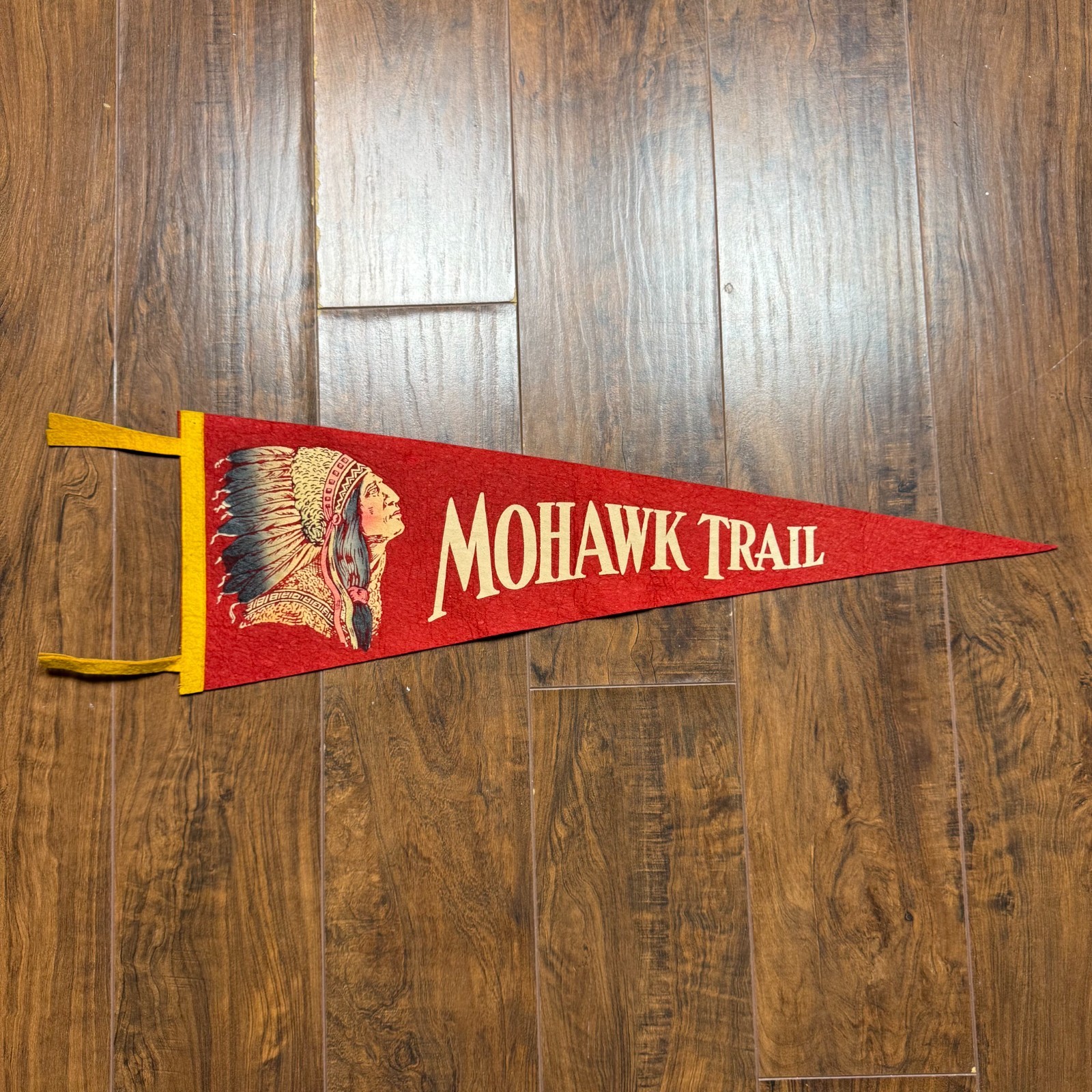 Vintage Mohawk Trail Massachusetts Felt Pennant Native American Souvenir Flag