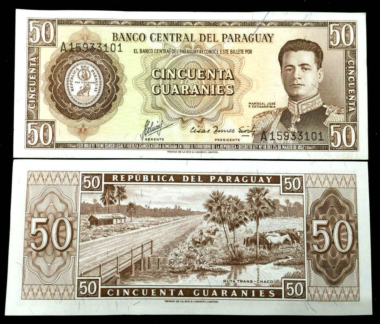 Paraguay 50 Guaranies 1952 Banknote World Paper Money UNC Currency Bill