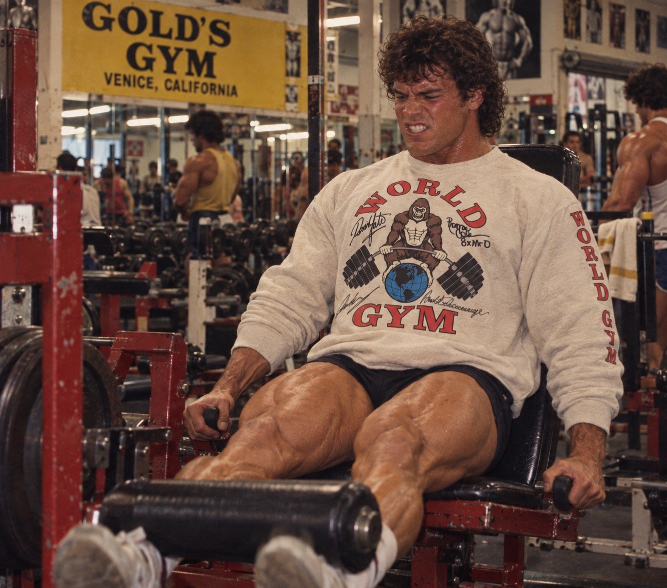 Vintage Style 80s World Gym Logo Front/Back on Tan Oatmeal Medium - 2XL Crewneck