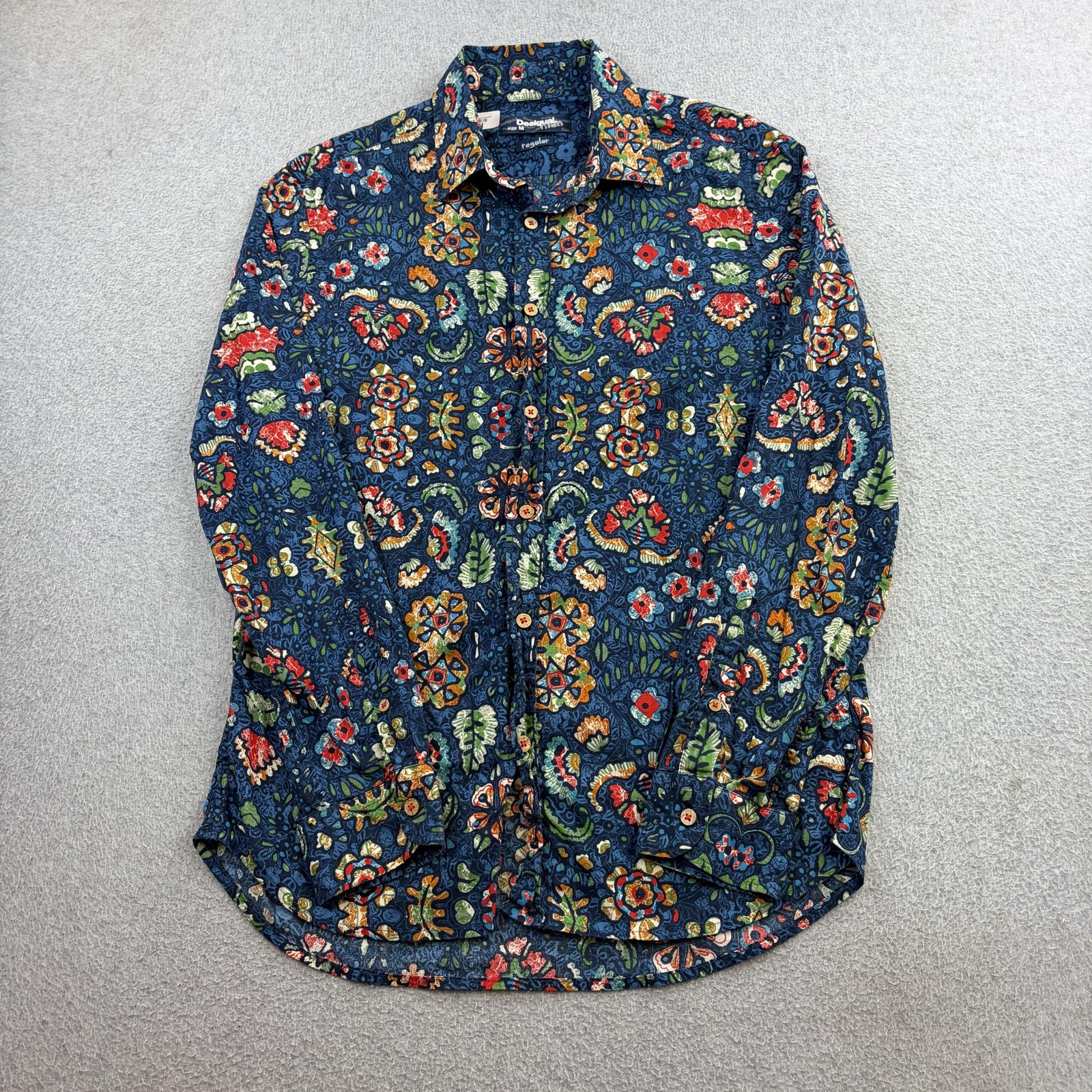 Desigual Shirt Mens Medium Blue Floral Long Sleeve Button Up Preppy Adult
