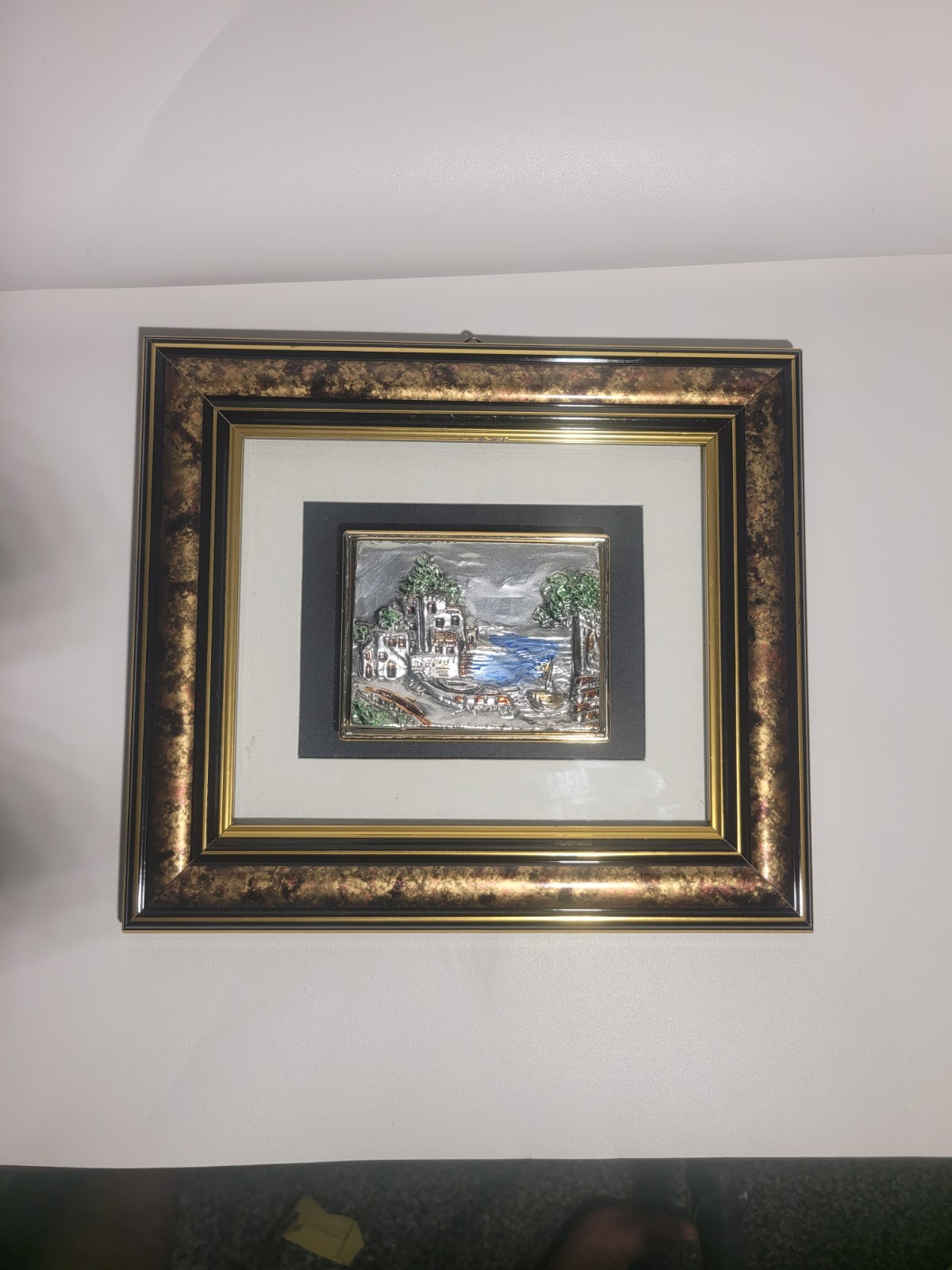 Vintage Italian Silver 3D Bas Relief Framed Art Coastal Village Scene Made in...