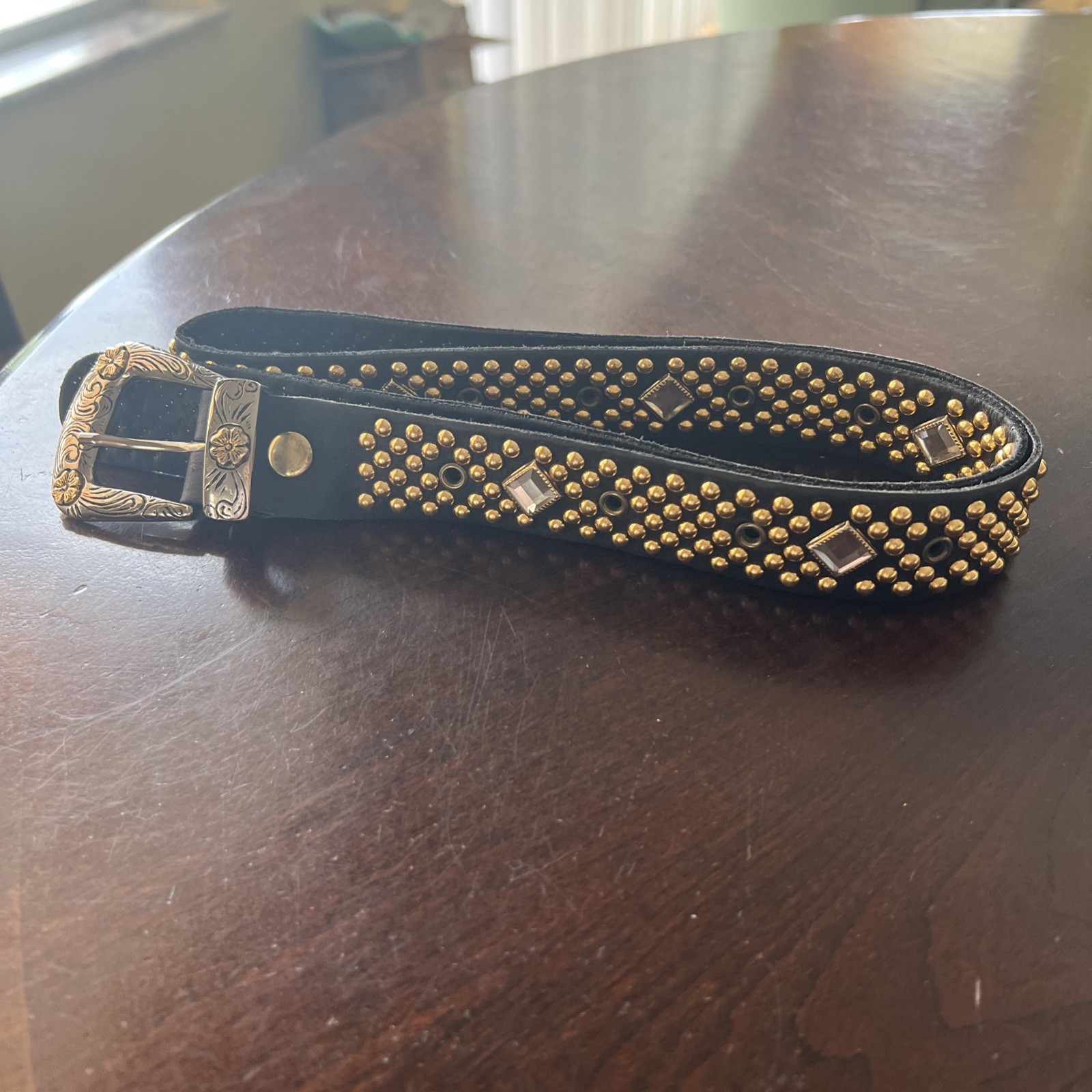 Vtg 80s Black & Gold Leather Studded Rhinestone Belt Sand Castle 42” XL