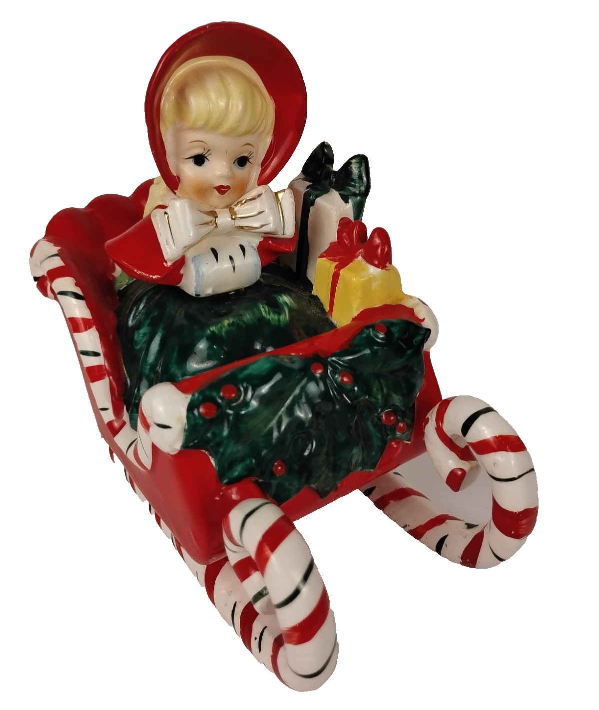 Vintage 1956 Lefton Christmas Girl Candy Cane Sleigh Figurine Japan Signed