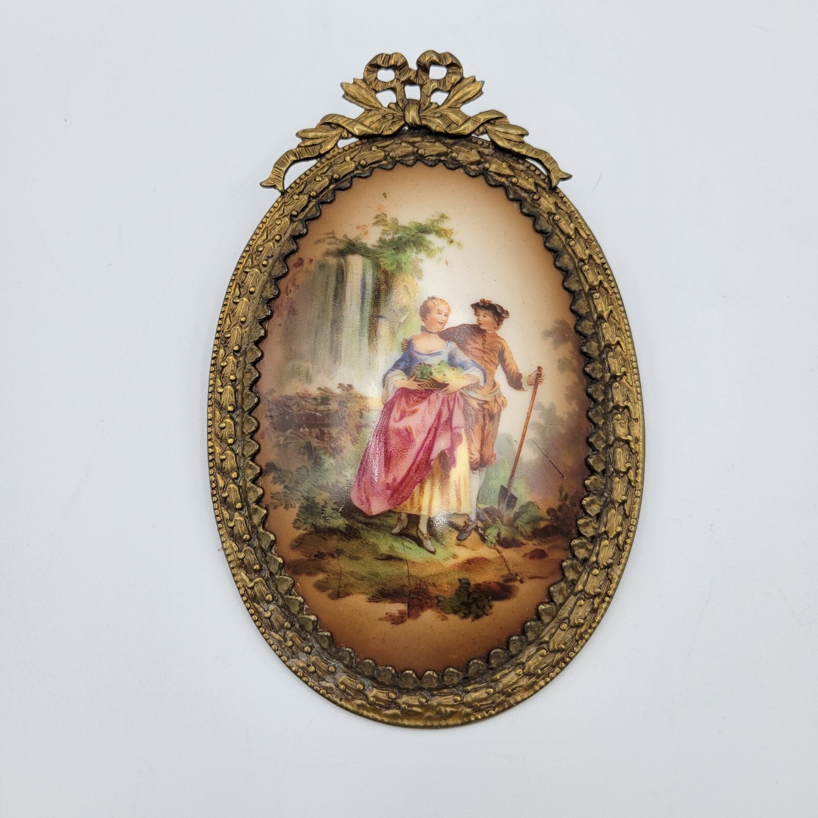 Antique Porcelain Miniature Hand painted Plaque Bezel Set Brass Frame Bow Top