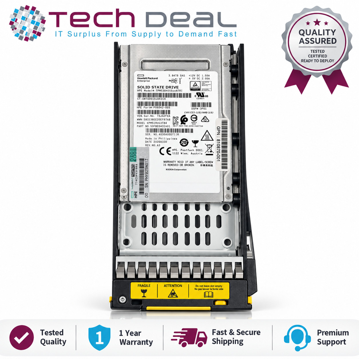 HPE 3PAR 3.84TB SAS 12G SSD KIOXIA KPM51RUG3T84 P14220-001 K2P91B