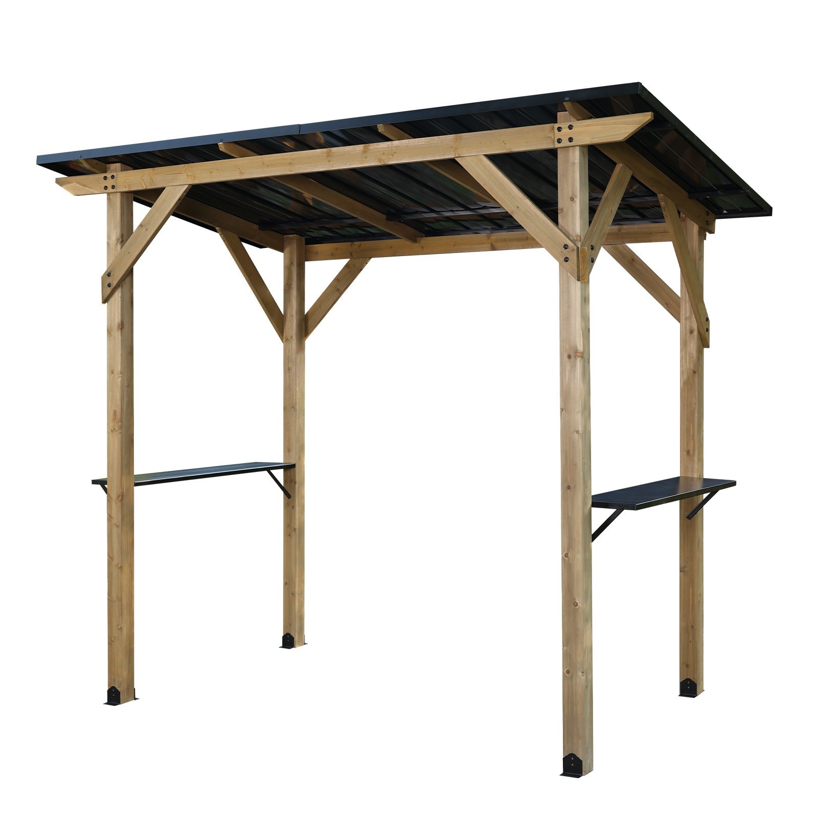 Aoodor BBQ 8x5 FT Wooden Grill Gazebo Outdoor w/ Sloping Hardtop, 2 Side Shelves