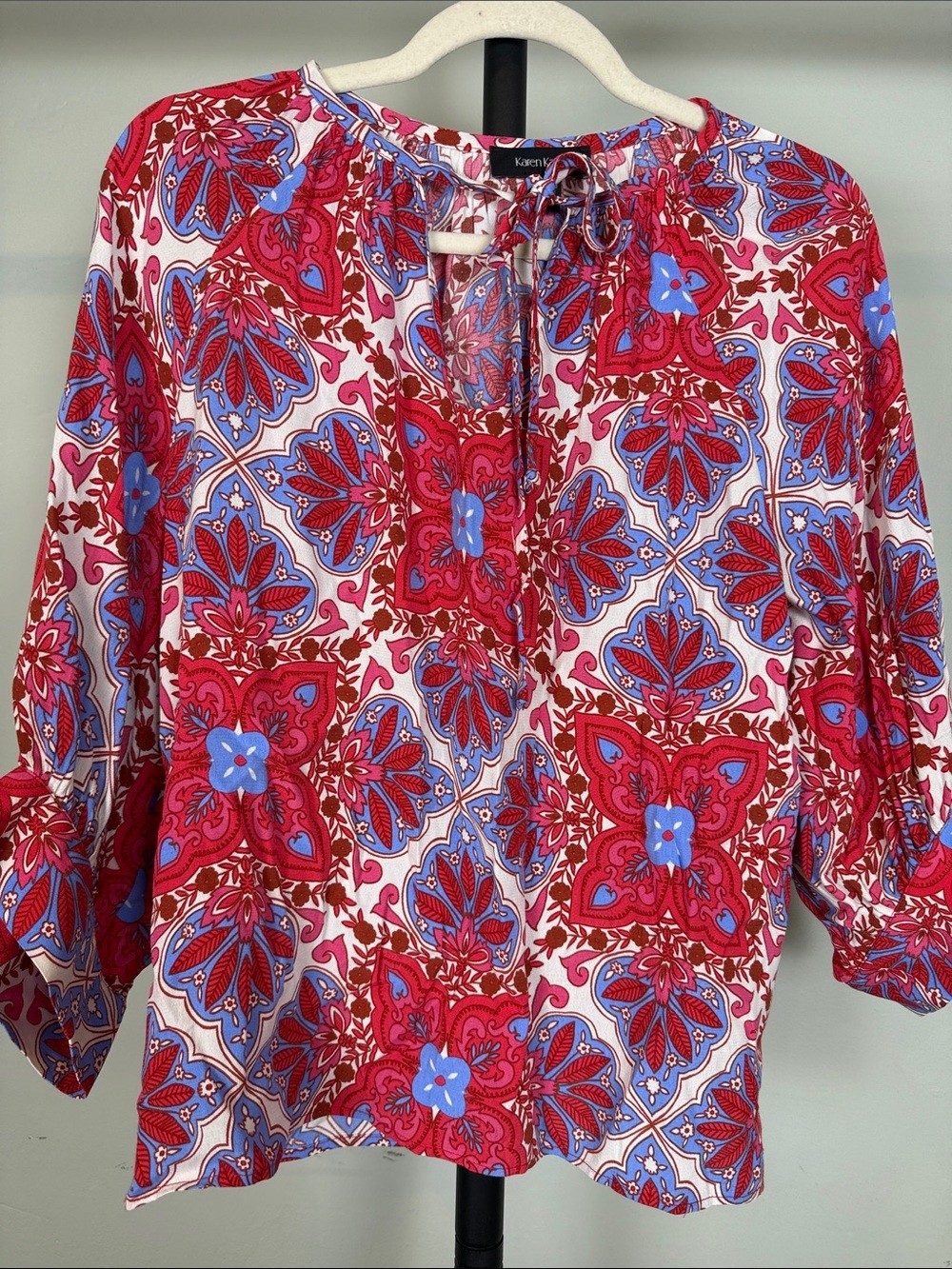 Karen Kane Boho Medallion Print Split Tie Neck Blouse Red Blue