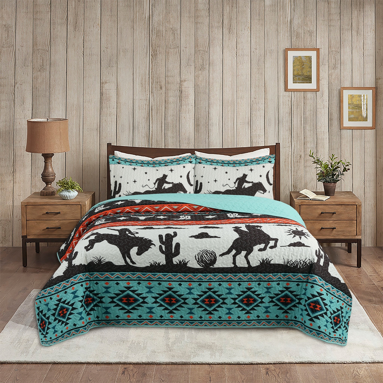 3 Piece Southwestern Cowboy Quilt Set Rustic Bedspread with Western Flair 3 Piece Southwestern Cowboy Quilt Set Rustic Bedspread with Western Flair