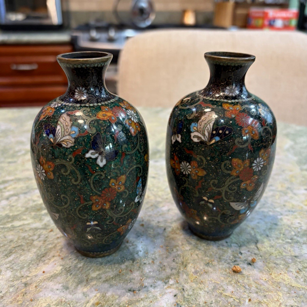 Antique Japanese Meiji Cloisonne Vases Pair Green Goldstone Aventurine Butterfly