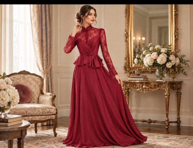 Vintage 1950s Burgundy Evening Gown Union Made ILGWU Sheer Lace Satin Peplum USA