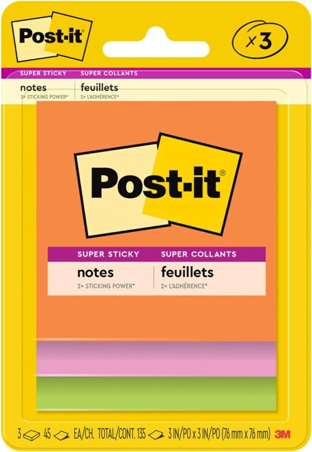 Post-it Super Sticky Notes, 3 Sticky Note Pads, 3 x 3 in., School Supplies for S