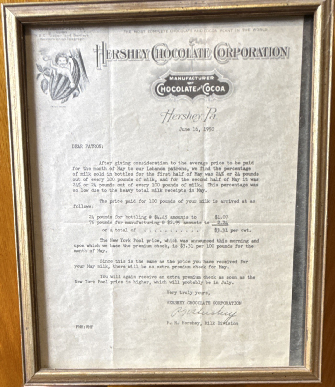 Hershey Chocolate Corporation Framed Letter Document Dated June 16 Hershey Chocolate Corporation Framed Letter Document Dated June 16