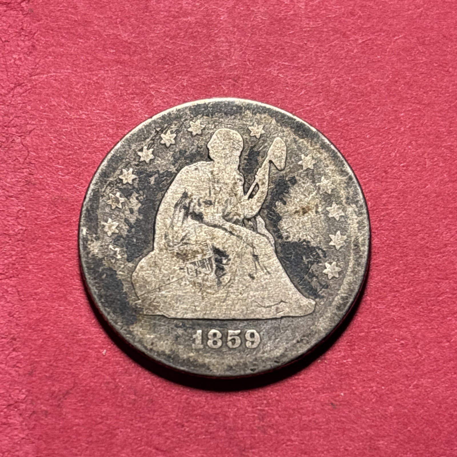 (1) Beautiful Toned Antique 1859-P Seated Liberty Quarter AG-ALMOST GOOD (1) Beautiful Toned Antique 1859-P Seated Liberty Quarter AG-ALMOST GOOD
