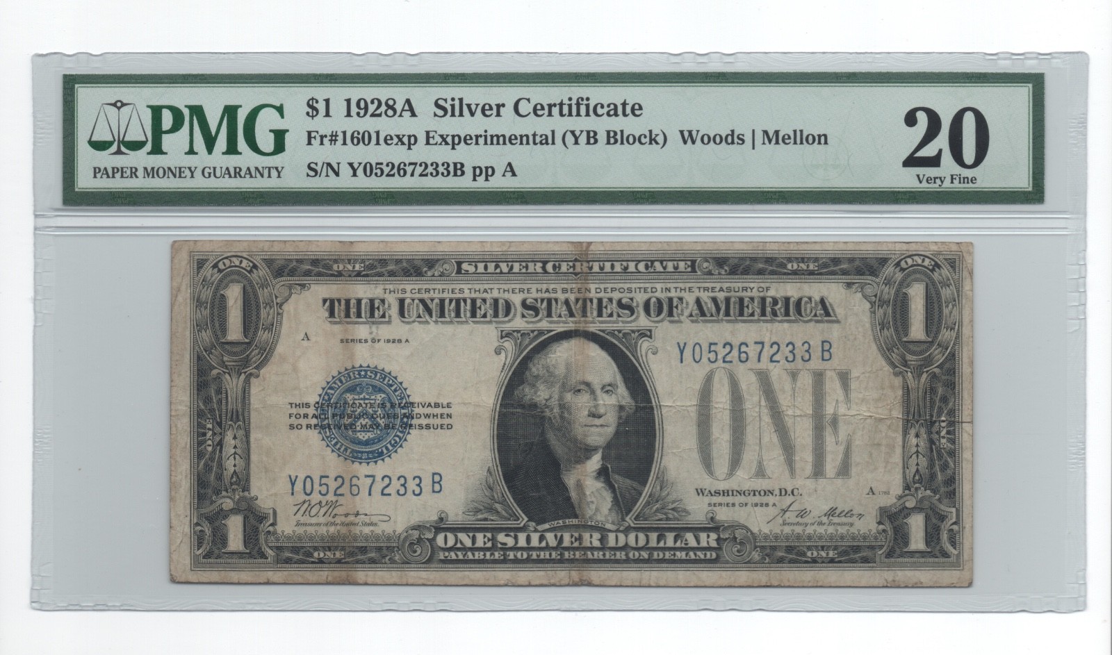 $1 1928A EXPERIMENTAL - Silver Certificate - fr. 1601exp - YB block - PMG 20 $1 1928A EXPERIMENTAL - Silver Certificate - fr. 1601exp - YB block - PMG 20