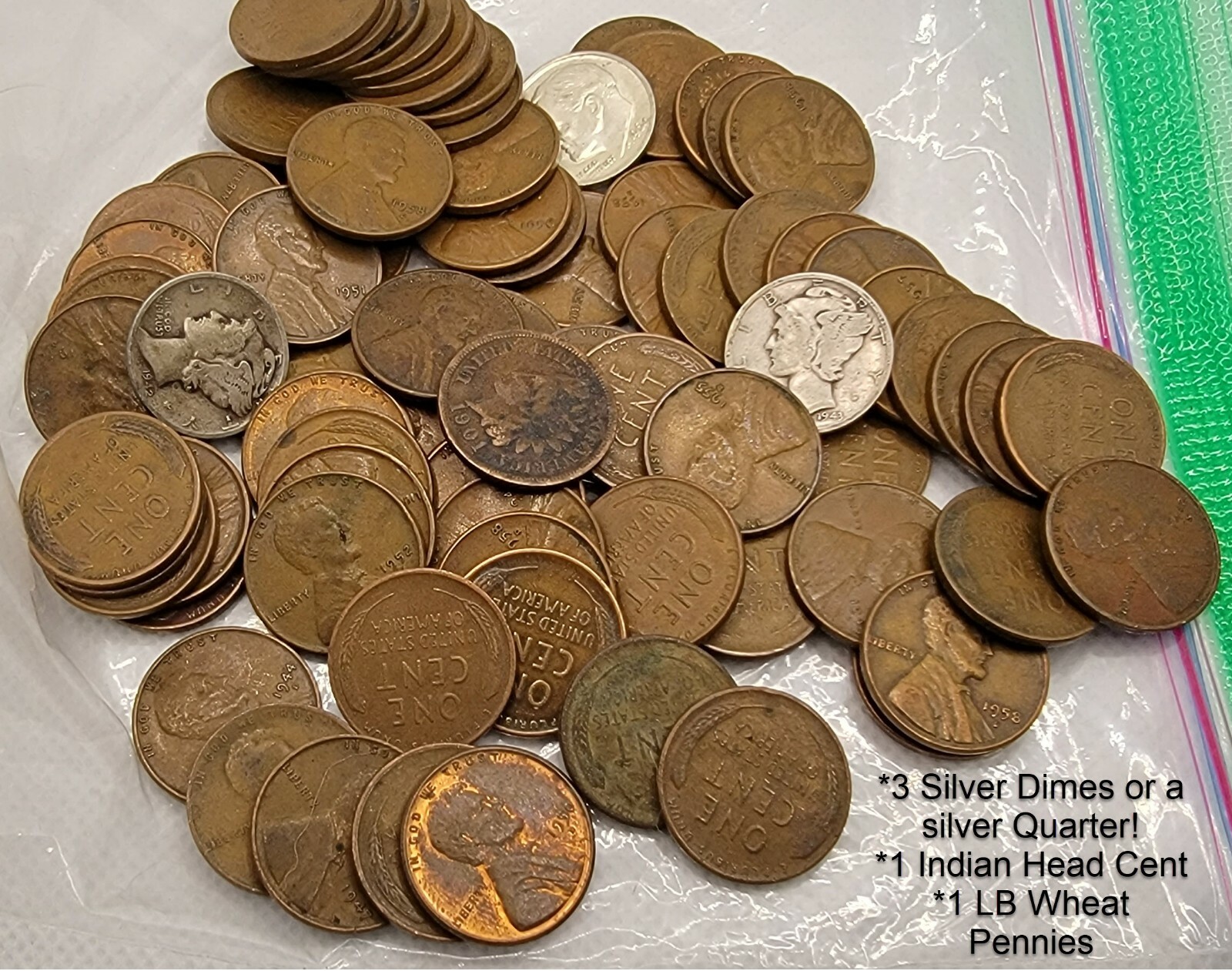 Unsearched 1 Pound 1 lb Wheat Cents with Indian Head and free SILVER