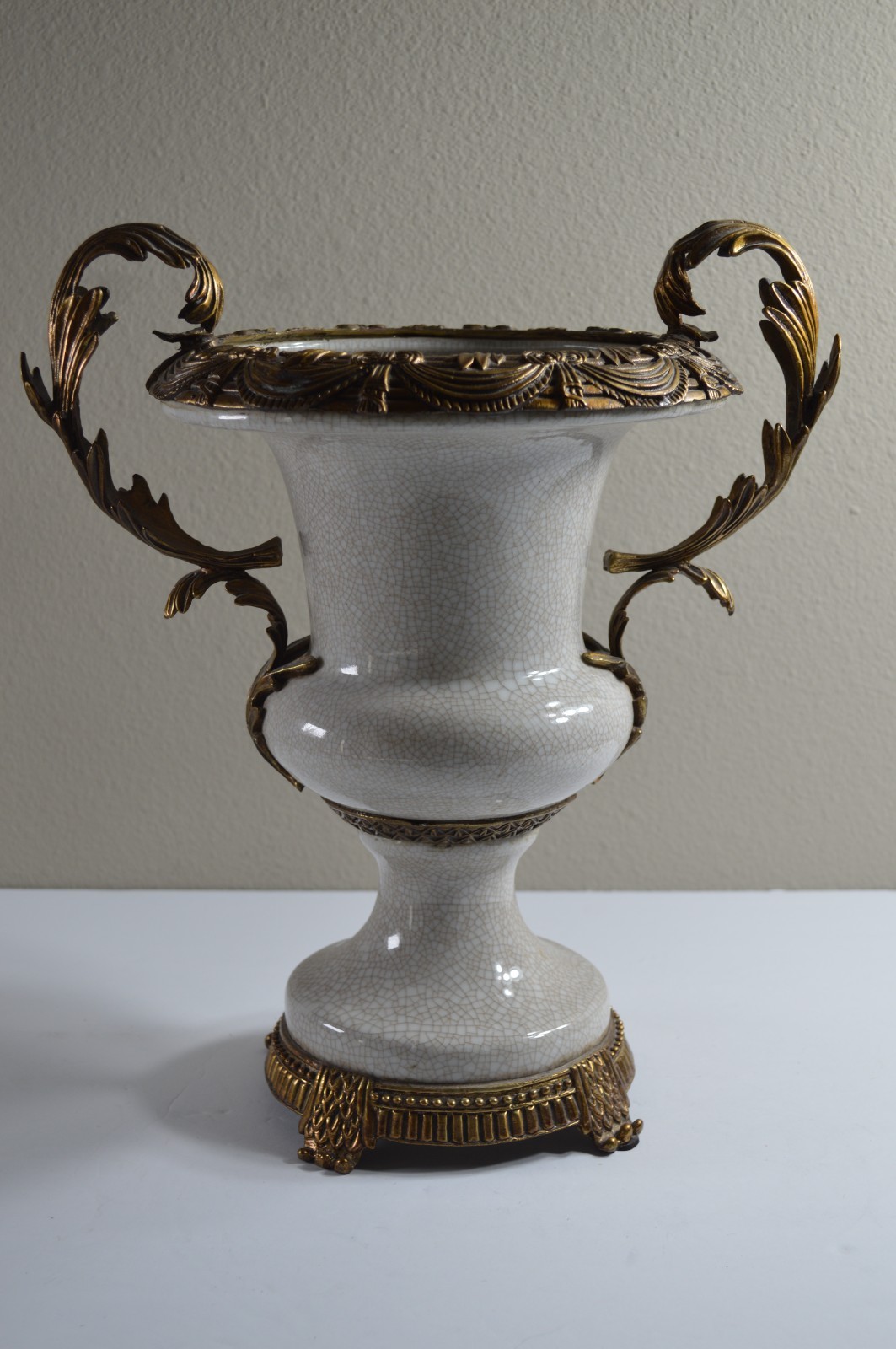 Elegant French Style Crackle Glaze Ceramic Urn Vase with Ornate Gold-Tone Metal 