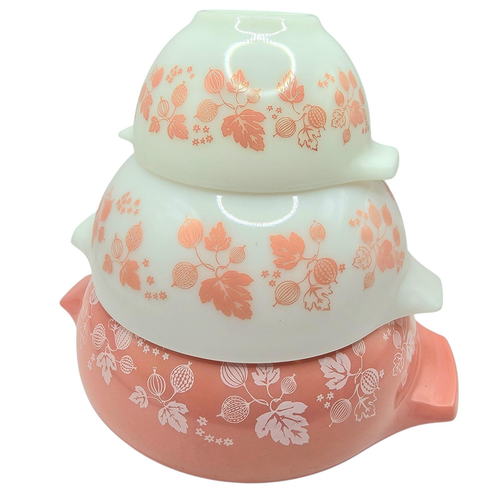 Vintage Pyrex Pink Gooseberry Cinderella Mixing Bowls Set Of 3 USA Milk Glass