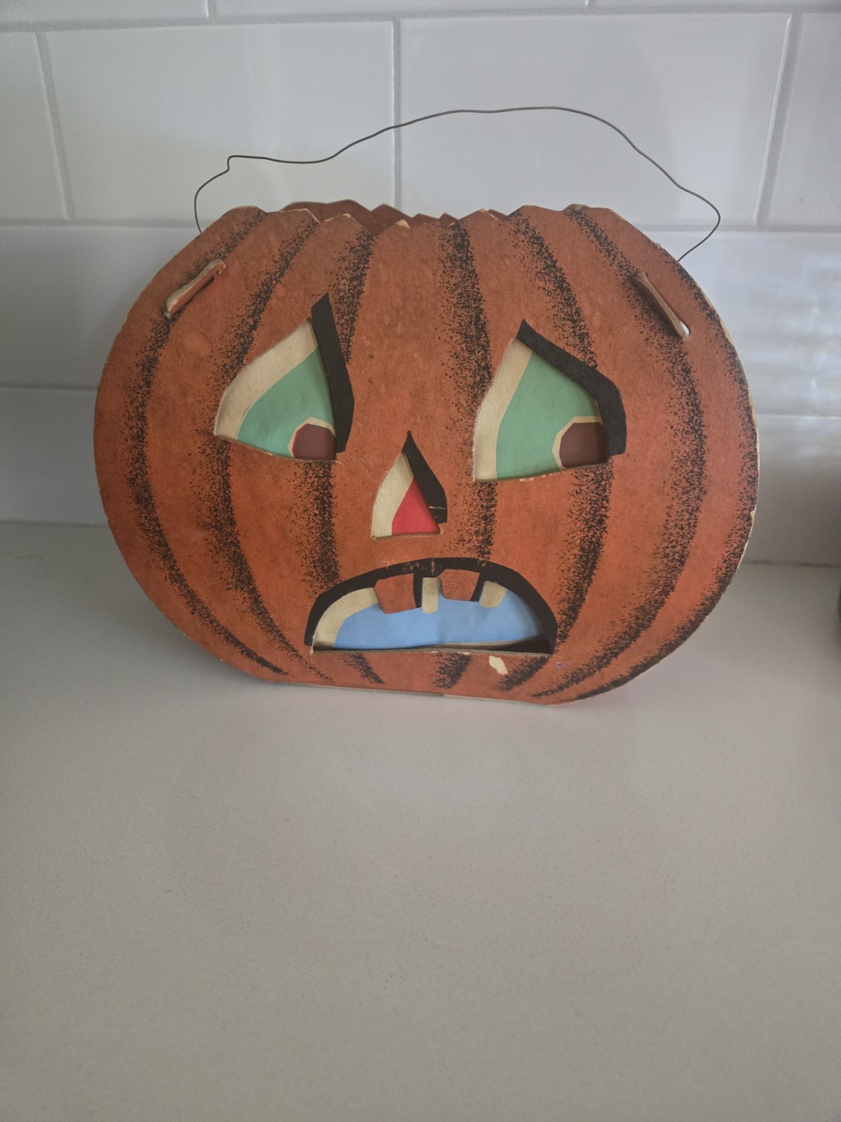 Antique 1940’s Halloween Cardboard Jack O Lantern Pumpkin 5 1/2” Tall