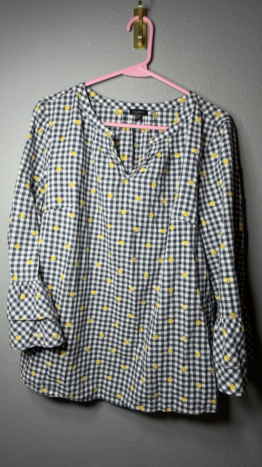Talbots Navy Gingham Tunic with Yellow Floral Dots