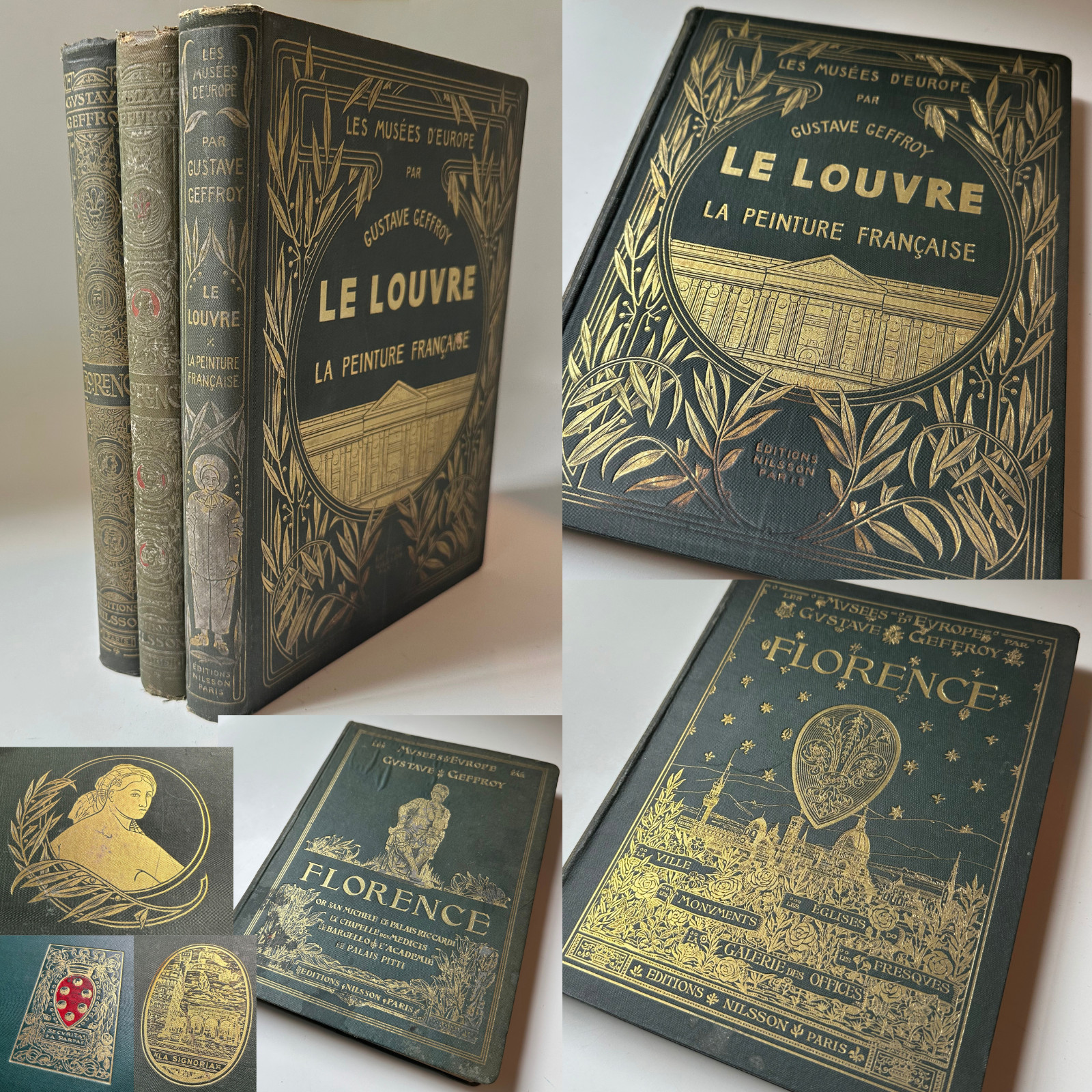 Antique Decorative Book Lot 3 Illust'd Gilt c.1915 Art Museums Louvre Florence