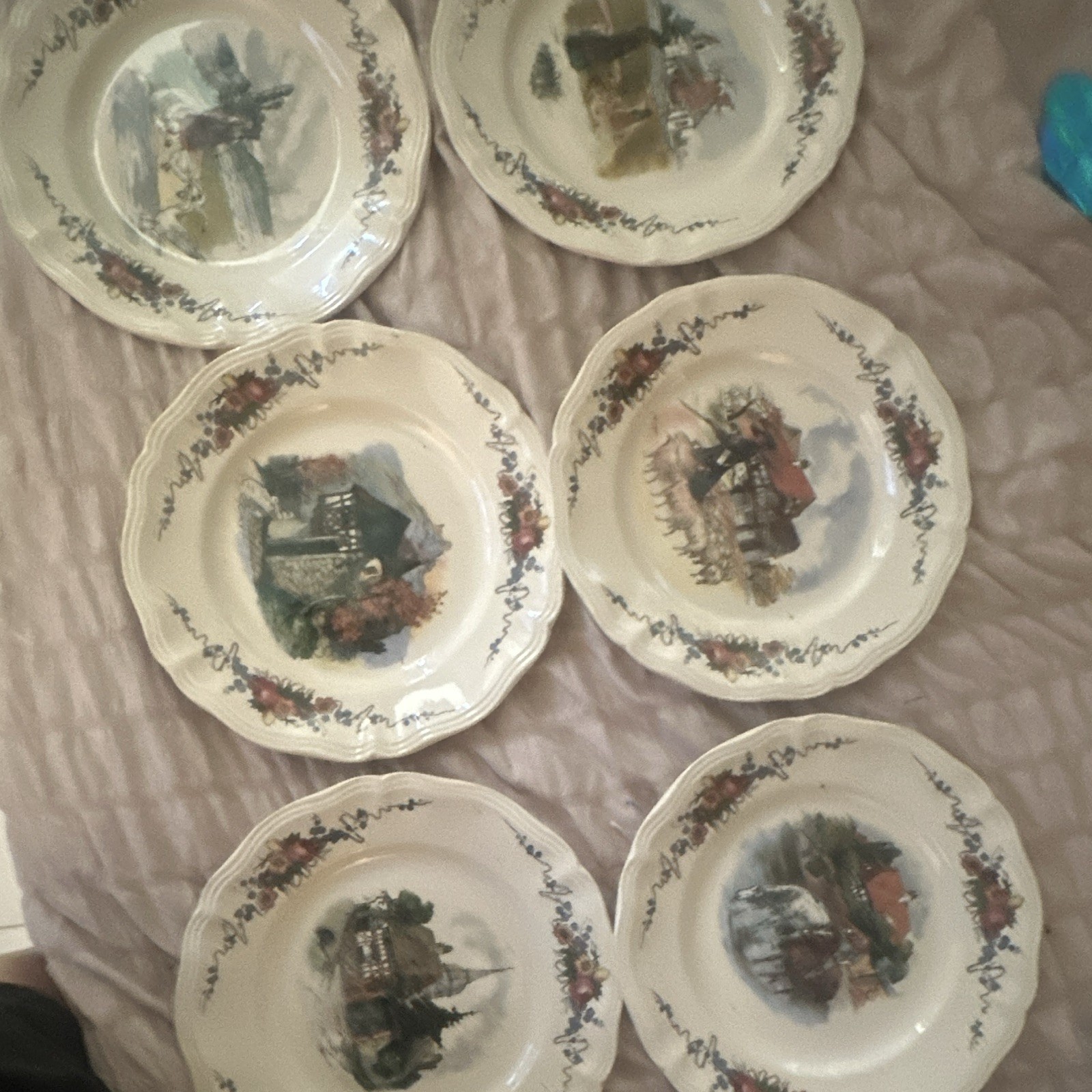 Obernai Sarreguemines Digoin France Ceramic Dinner Plates Village Floral Set 8