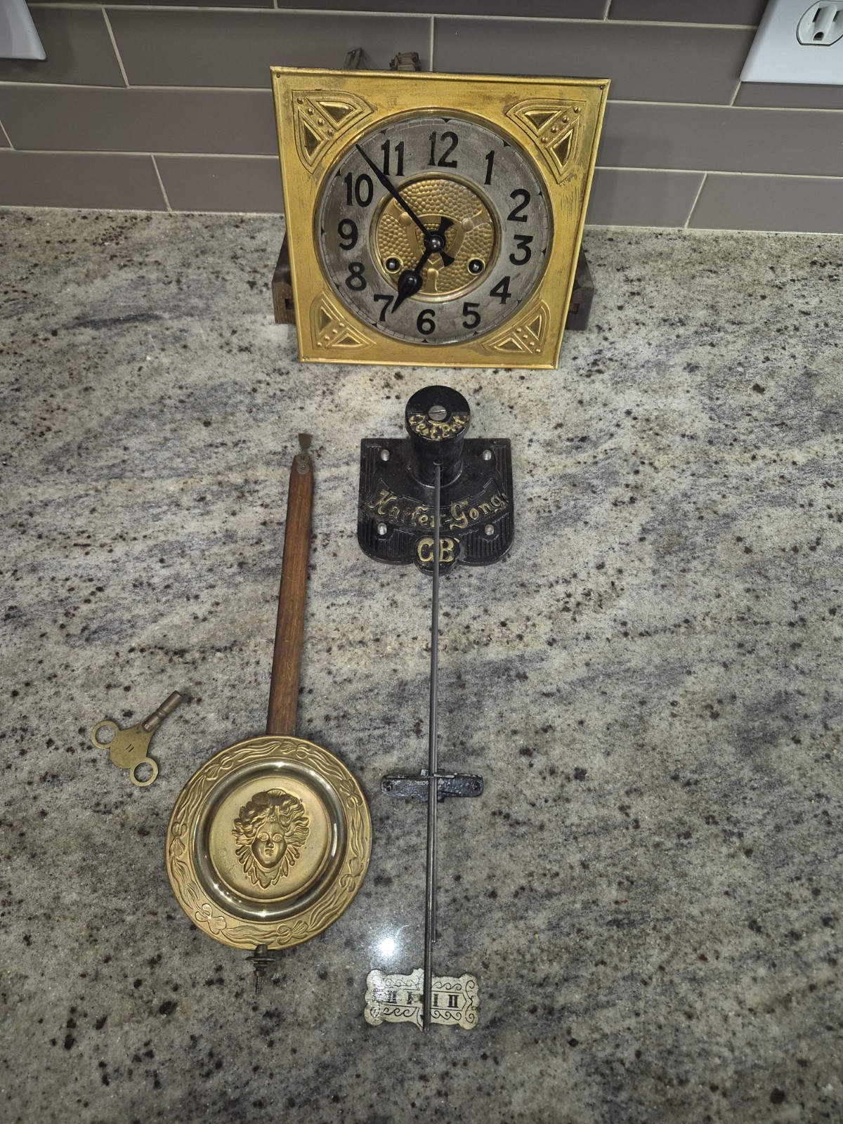 Antique Gustav Becker P48 Wall Clock Parts Lot Movement Dial Pendulum Gong Key