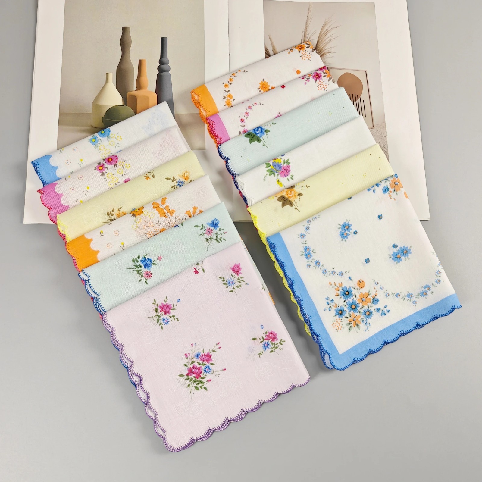 Mixed 12 pcs Square Hanky Cotton Vintage style floral Handkerchiefs Women 11.8“ Mixed 12 pcs Square Hanky Cotton Vintage style floral Handkerchiefs Women 11.8“