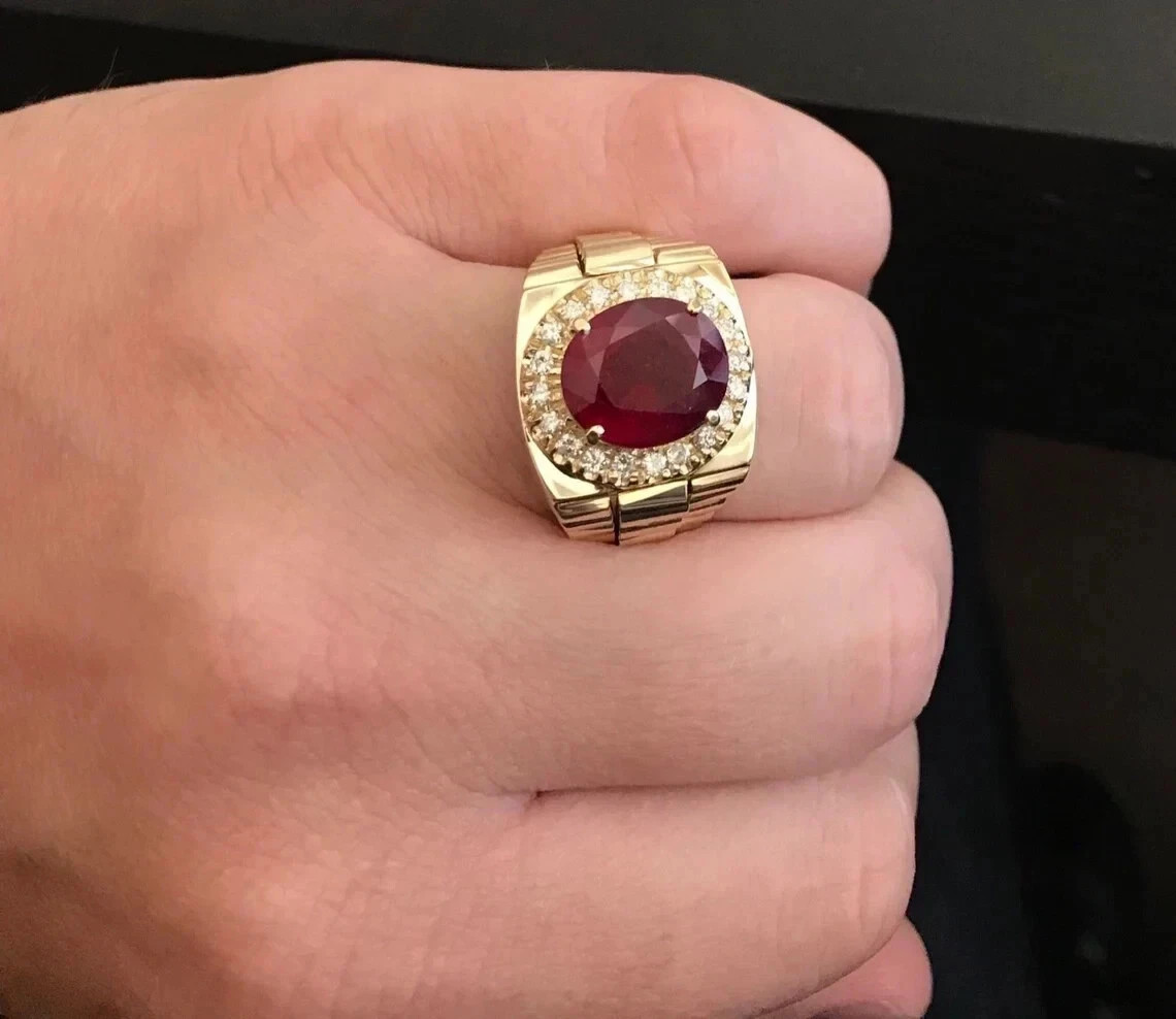 3Ct Natural Genuine Red Ruby Engagement Wedding Men's Ring In 14K Yellow Gold