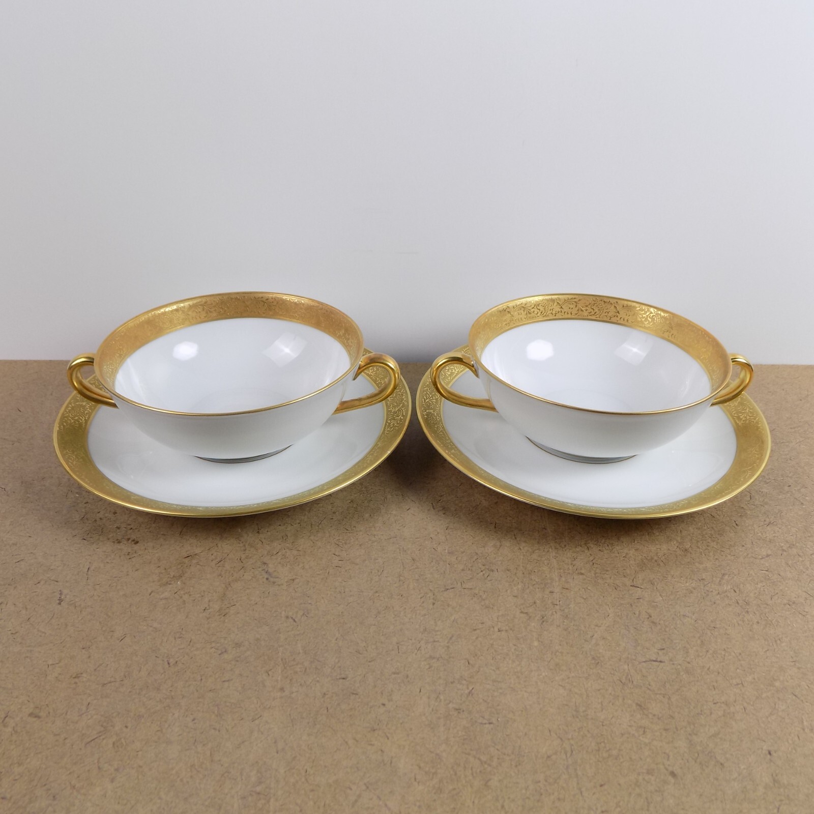 2 Bernardaud Limoges Villiers Cream Soup Bowls Incrustation or fin Gold Band 2 Bernardaud Limoges Villiers Cream Soup Bowls Incrustation or fin Gold Band