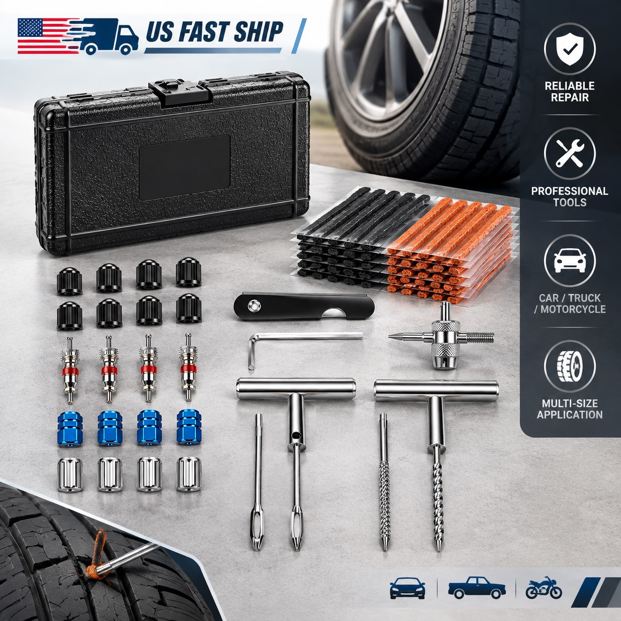 Heavy Duty 88 PCS Tire Repair Kit Tire Plug Kit Puncture Repair Tool Set