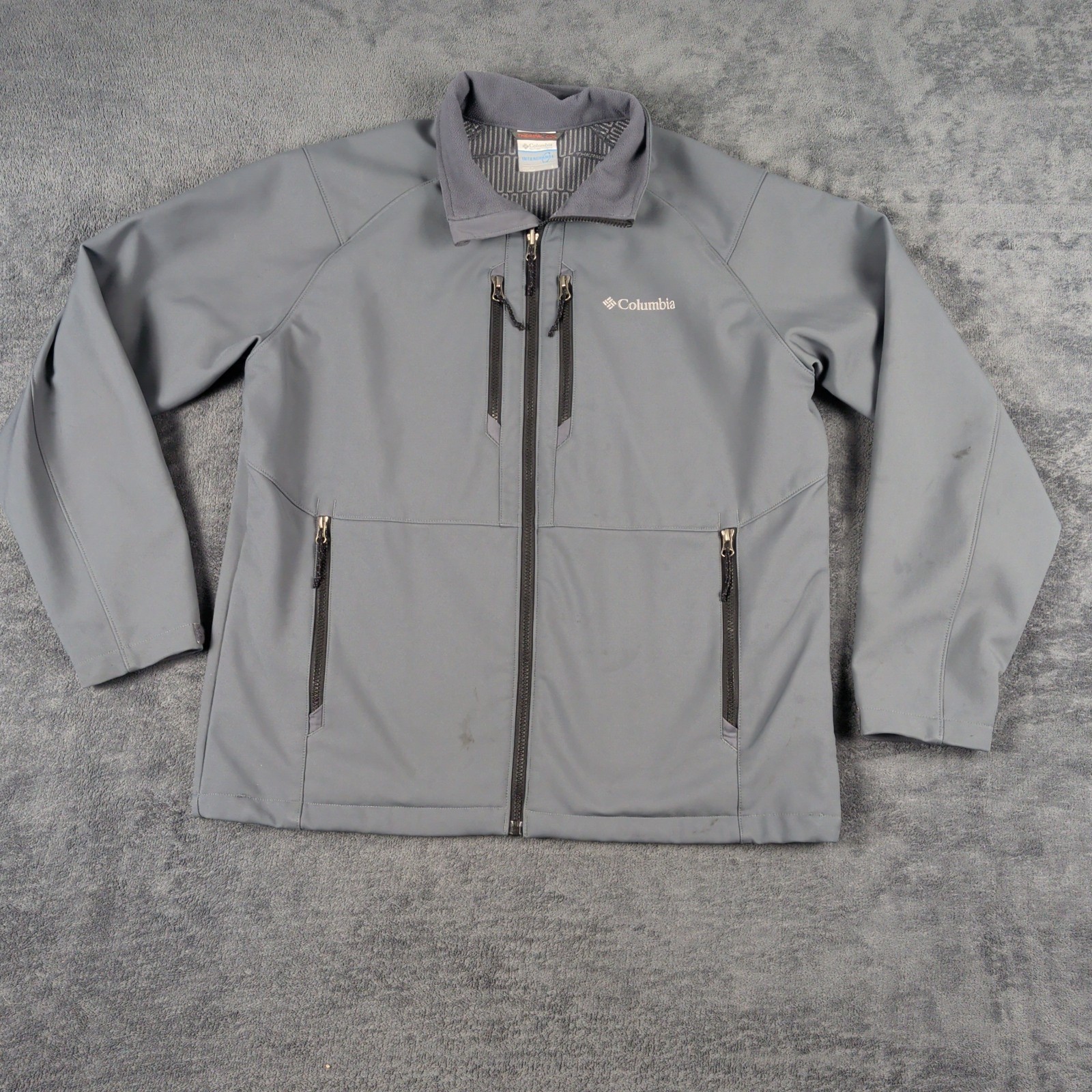 Columbia Jacket Mens Large Gray Softshell Full Zip Pockets Outdoor Hiking Warm