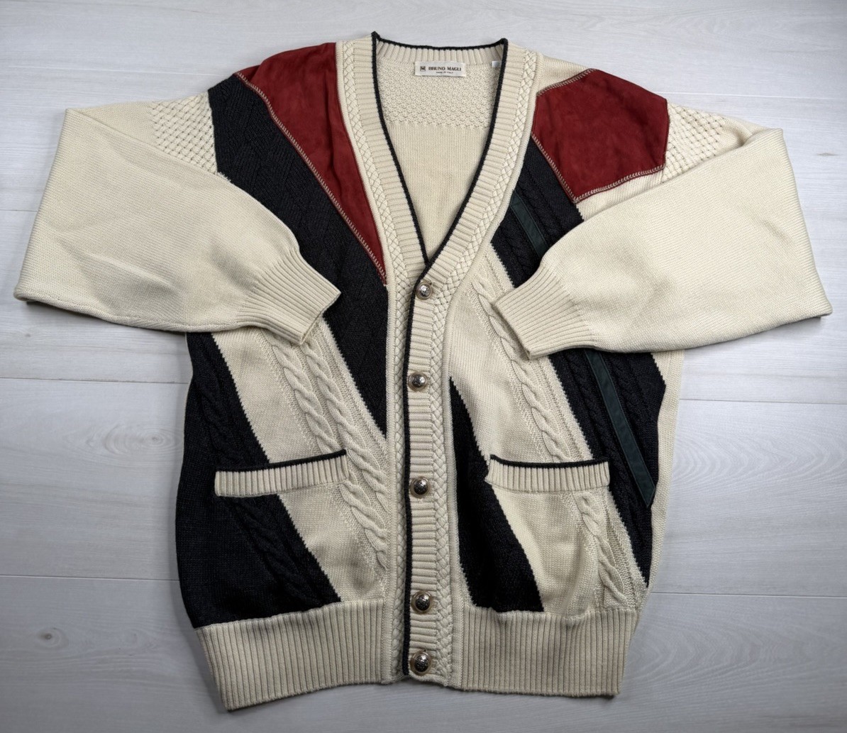 Vtg Bruno Magli Wool Suede Cardigan Sweater Cable Knit Made In Italy Mens L RARE