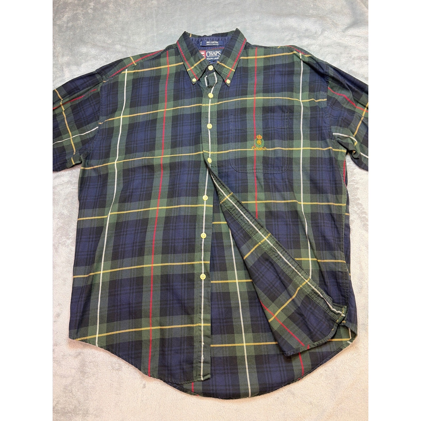 Chaps Ralph Lauren Mens Large Plaid Button Down Shirt Navy Green Red Crest Logo