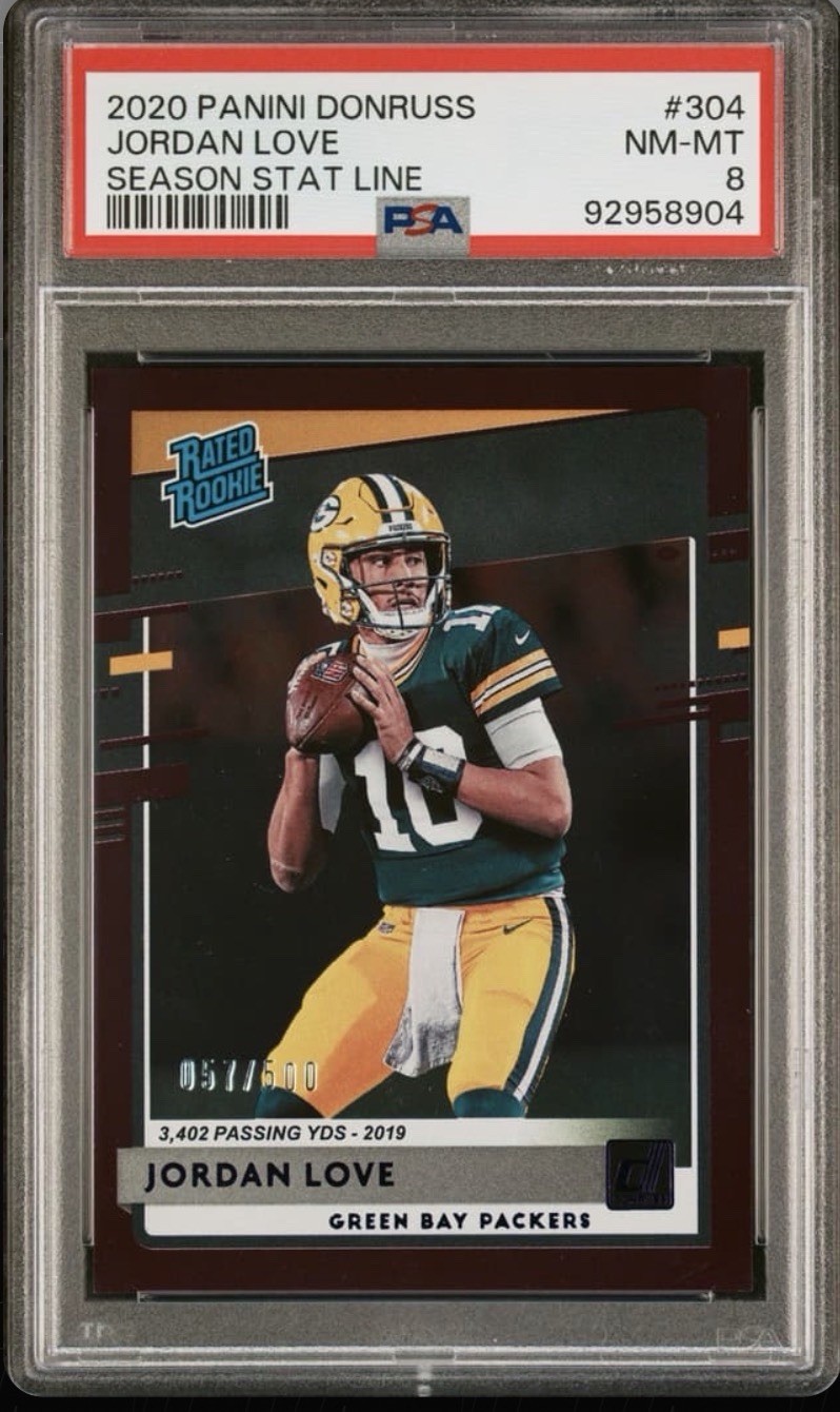Panini 2020 Donruss Jordan Love Rated Rookie Season Stat Line #304 /500 PSA 8