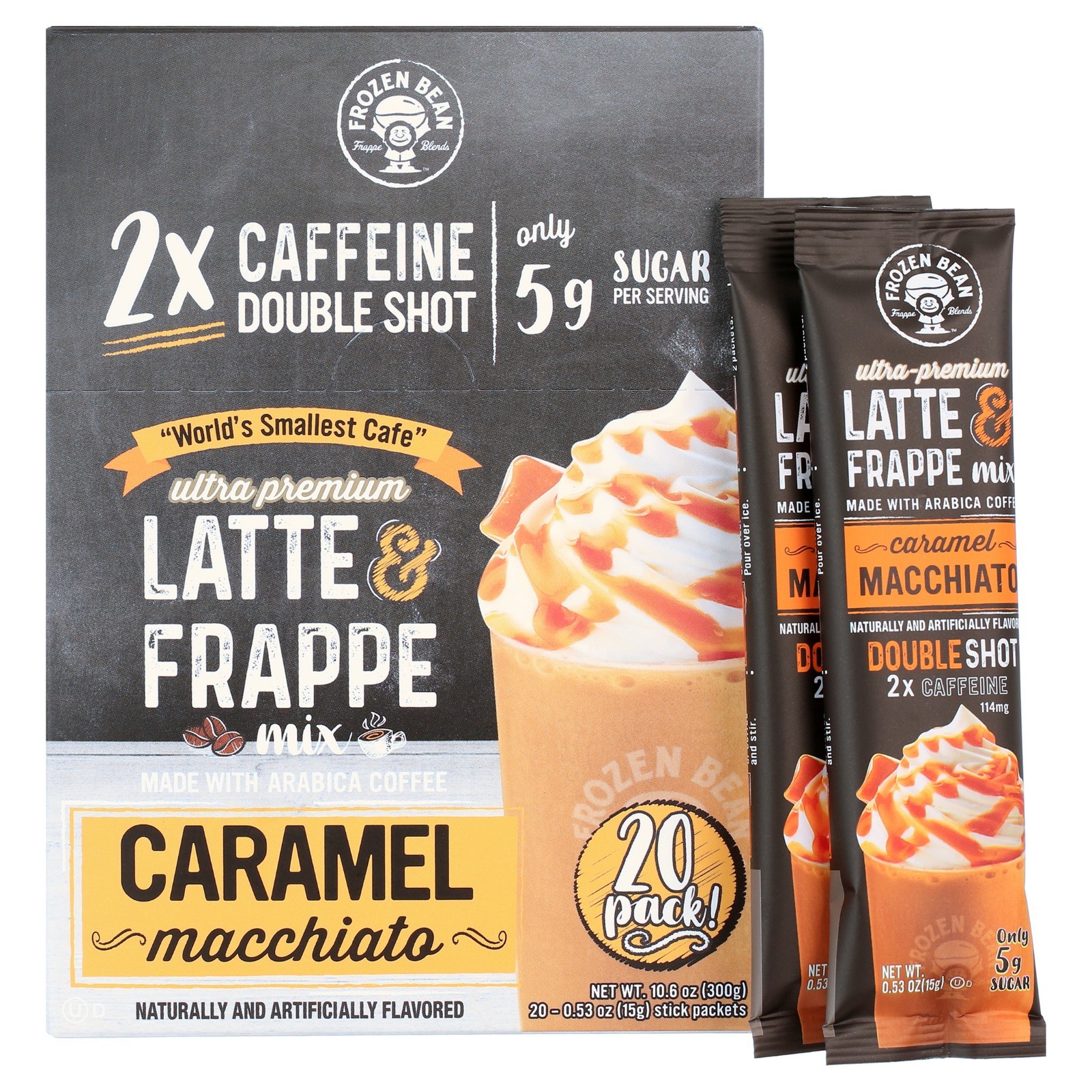 Frozen Bean Ultra-Premium Caramel Macchiato Latte & Frappe Drink Mix 20 Pk Frozen Bean Ultra-Premium Caramel Macchiato Latte & Frappe Drink Mix 20 Pk