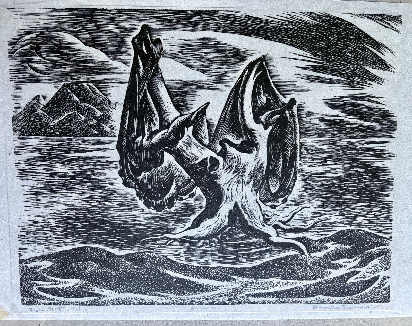 CHARLES SURENDORF-Signed Wood Engraving Print –Fish Nets, Tahiti-1940s CHARLES SURENDORF-Signed Wood Engraving Print –Fish Nets, Tahiti-1940s
