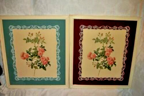 Cottagecore Roses Floral Prints Reverse Painted Glass Mats Creamy Wood 1930s Lg