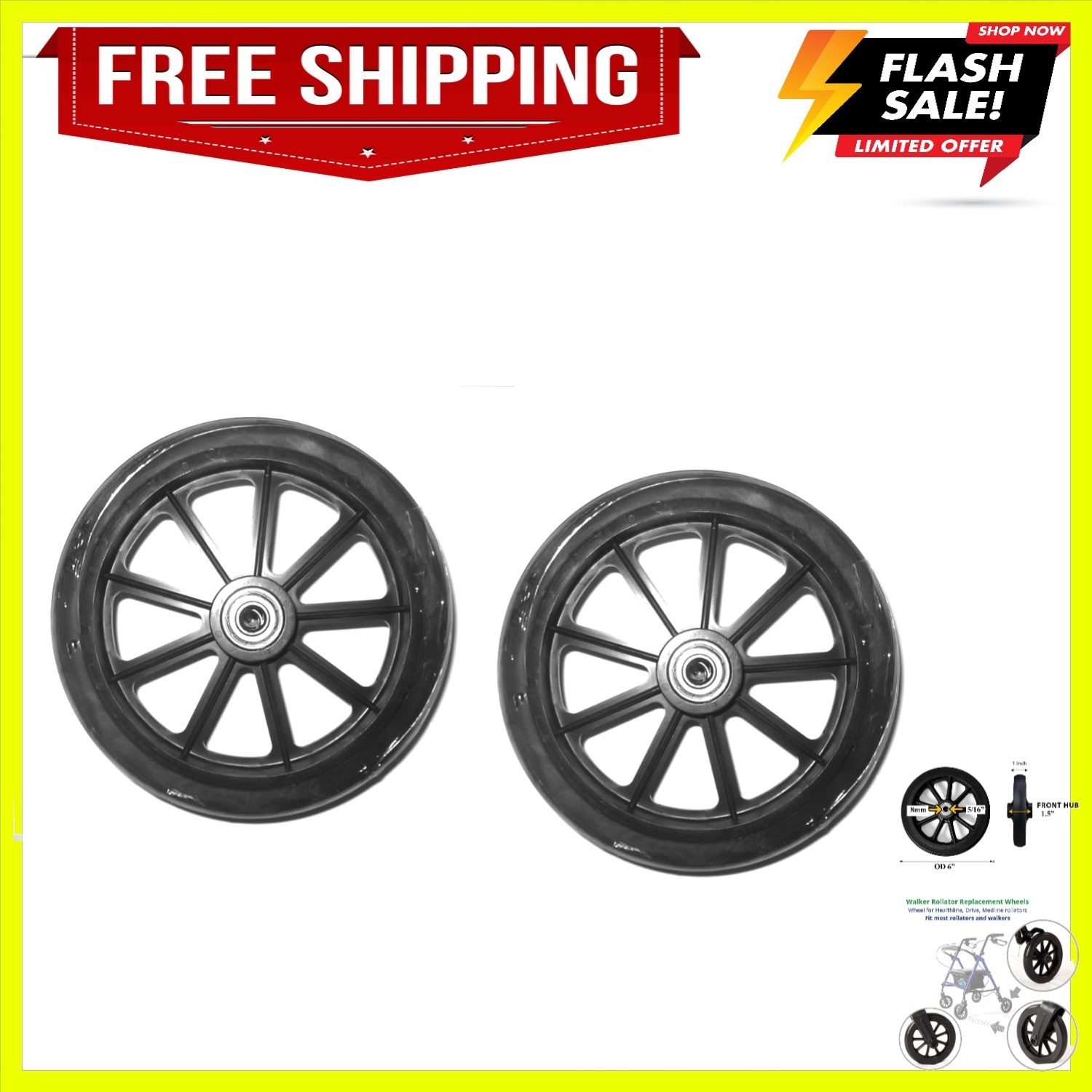 Solid Flat-Free 6” Rollator Wheels - 9 Spoke Black for Drive & Medline Models