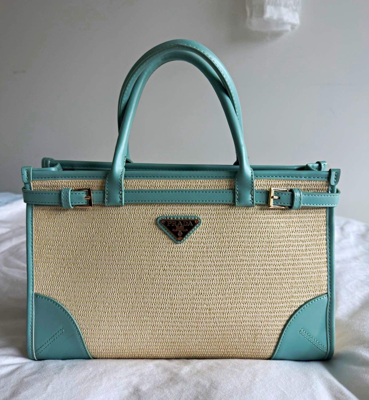 PRADA Beige/Blue Small Tote Bag Double Handles Adjustable Detachable Strap Gold PRADA Beige/Blue Small Tote Bag Double Handles Adjustable Detachable Strap Gold