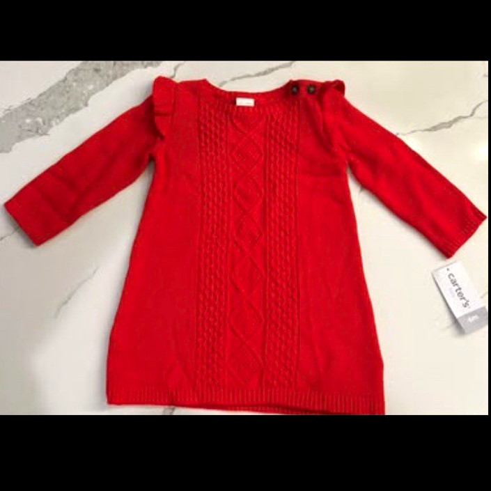 Carter\'s Baby Girl Red Knit Sweater Dress 6-9M Long Sleeve Ruffle